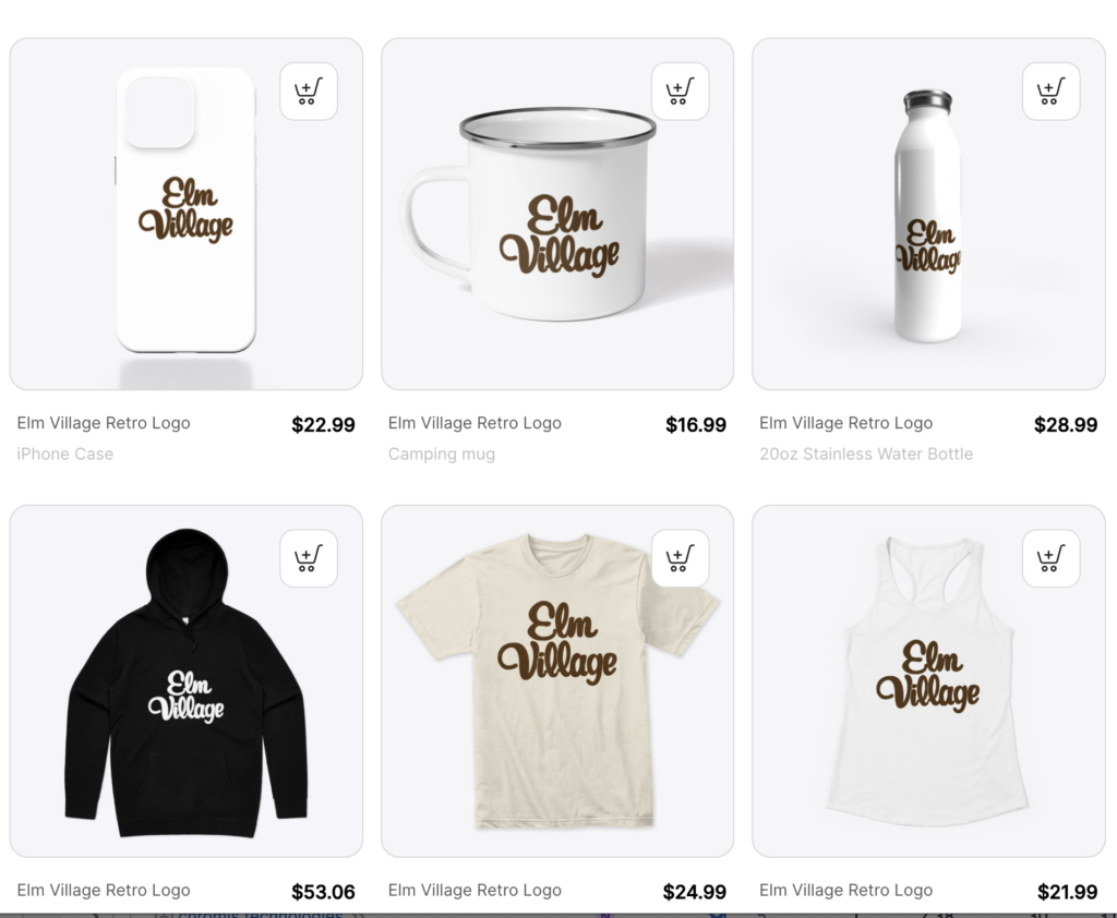 Screenshot of the front page of the merch store